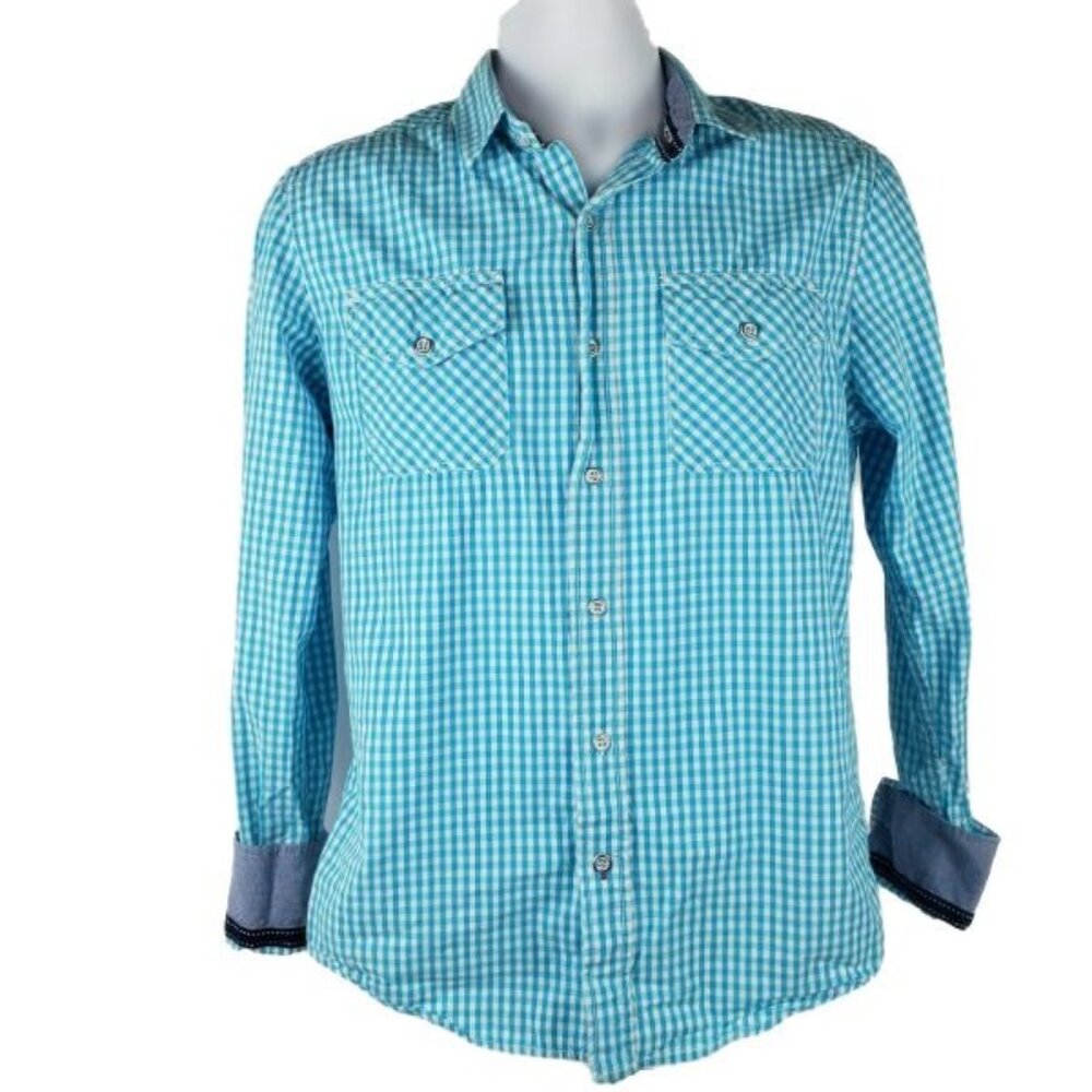 Sunday Work Clothes Button Front Shirt Mens Size Small Blue Gingham Flip Cuff